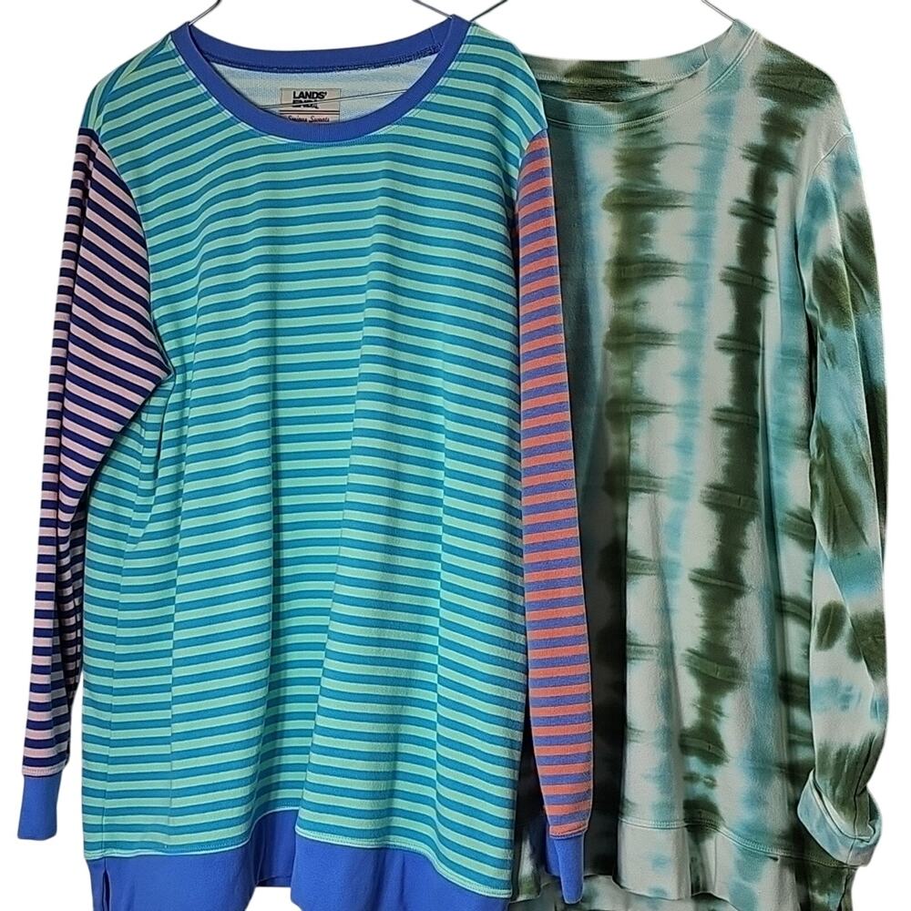 Womens Sz L Lot of 2 Serious Sweats Colorful Long Sleeve Lands End Sweatshirts